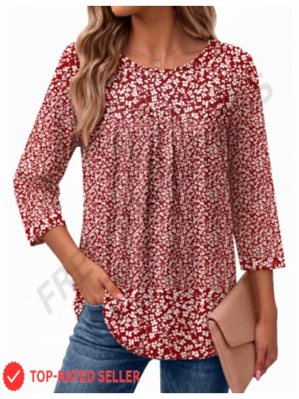 Boho Pleated 3/4 Sleeve Blouse Casual T-Shirt Top